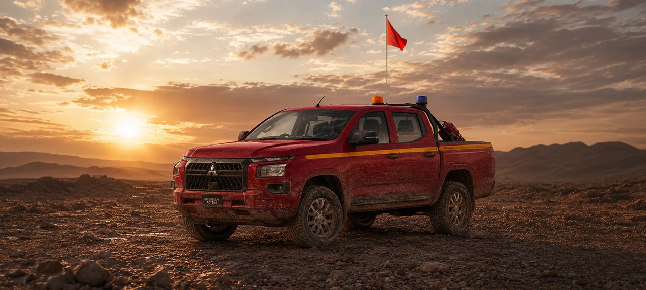 Camionera roja en el desierto en una puesta de sol